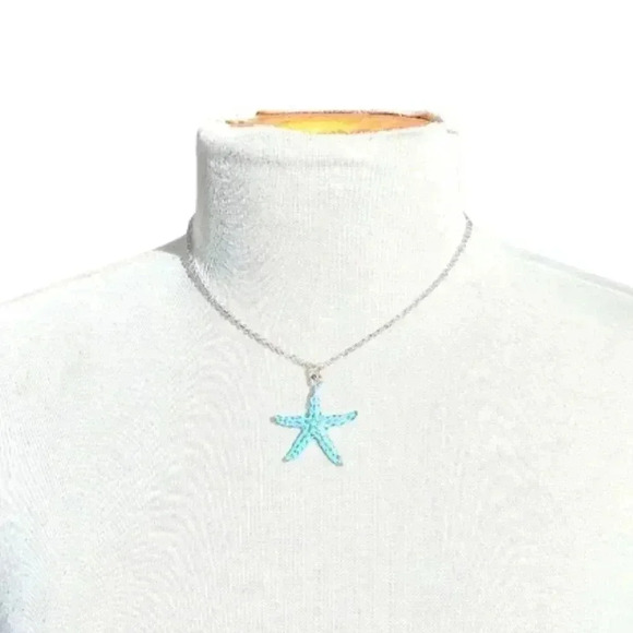 𝅺New Nautical Blue & Silver Starfish Pendant Matching Necklace & Earrings Set - Picture 1 of 4